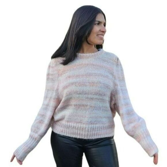 New Womens Peach Pink Striped  Long‎ Sleeve Cropped Sweater Review Measurements - Picture 1 of 12